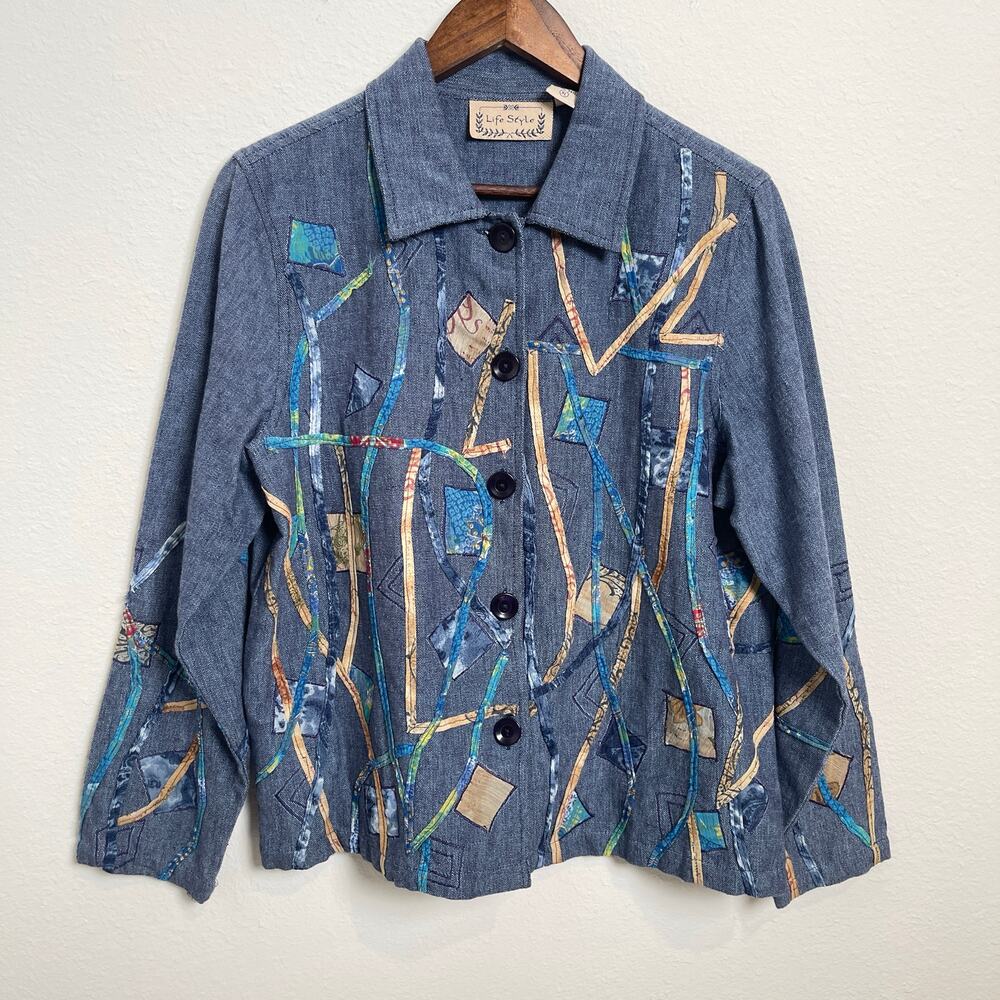 Life Style Denim Art Jacket Abstract Patchwork 100% Cotton Button Front Size XL